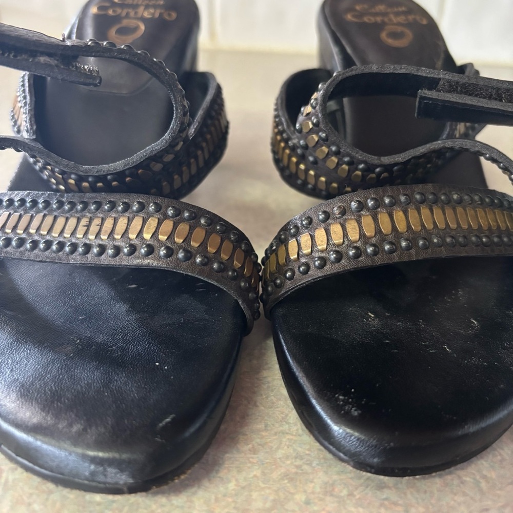 Calleen Cordero Mesa Coastal Cowgirl Boho Studded Luxury Wooden Heel Sandals 7.5 - Picture 8 of 10